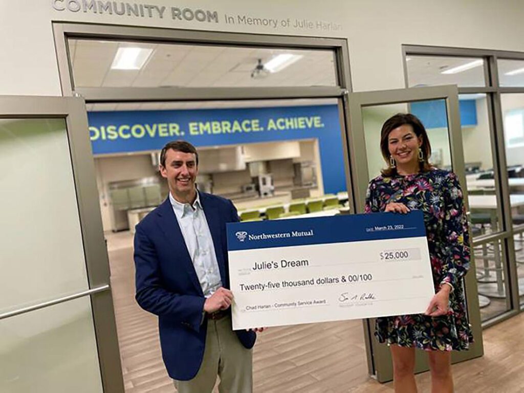 Founder Chad Harlan and Executive Director Caroline Lombard with the $25,000 grant from Northwestern Mutual.