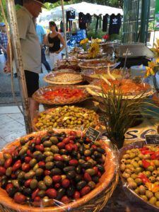Food for sale at the outdoor market in Cassis on France’s Mediterranean coast.
