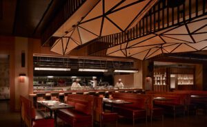 The 272-seat Nobu restaurant's design recalls traditional Japanese garden pavilions often used for ceremonies and rituals.