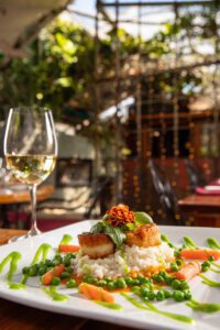Components of dishes are arranged to be visually appealing.