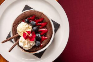 Flourless chocolate torte is a decadent way to end the meal.