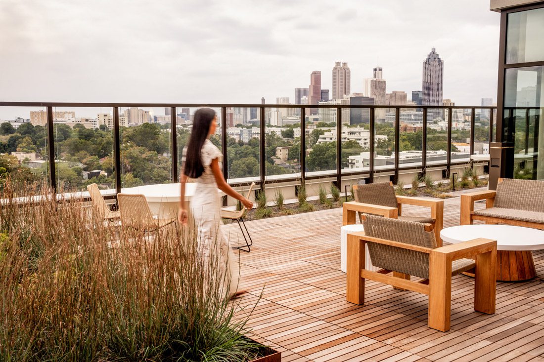 Scout Living's rooftop terrace offers a pool and stunning views of the Atlanta skyline. Photos courtesy of Jamestown
