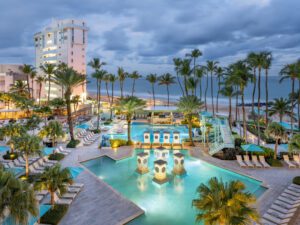 The recently renovated San Juan Marriott Resort and Stellari Casino sits on the edge of a palm-tree lined beach and the Atlantic waters.