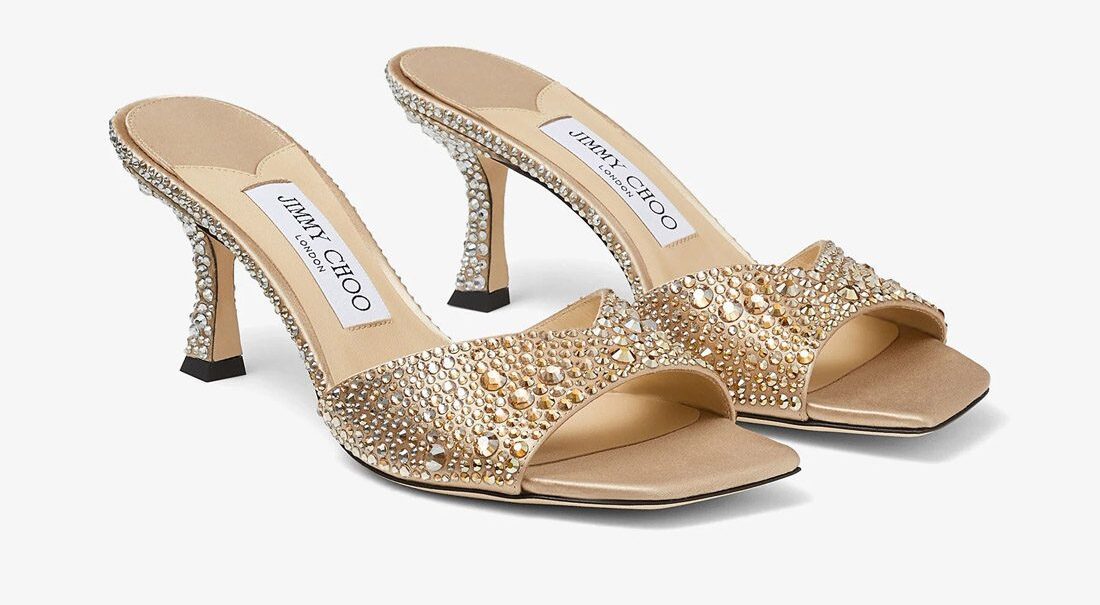 Jimmy Choo Gold Satin Crystal Sandals