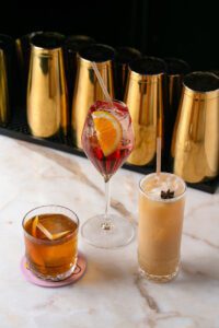 Cocktails are strong on spirit and non-alcoholic drinks range from tart to spicy.