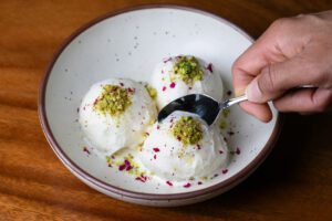 Cardamom gelato with rose petals and pistachio can cool palates at the end of the meal.