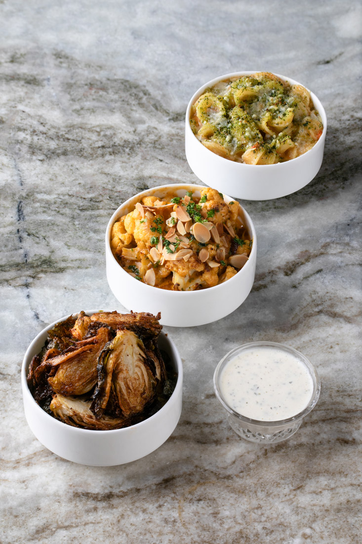 Brussels sprouts, curried cauliflower and macaroni and cheese are ideal sides.
