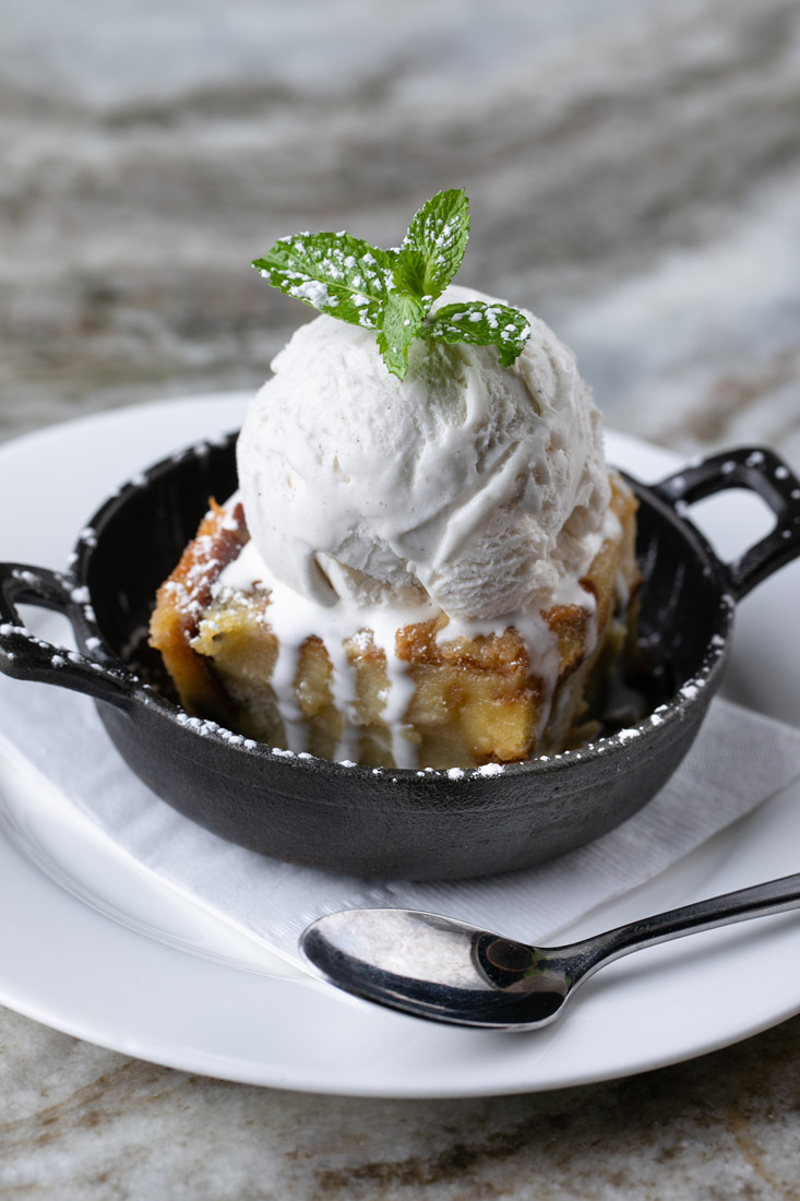 Warm bread pudding topped with vanilla ice cream was an unexpected favorite.